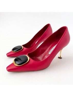 MANOLO BLAHNIK | Red Chiaran Leather Pumps Gold Heel Black Stone Accent EU‎ 36